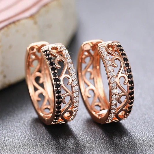 White/Black CZ Rose Gold Color Hoop Earrings for Women Hollow Out Pattern Aesthetic Female Earrings Wedding Trend Jewelry - EUFASHIONBAGS