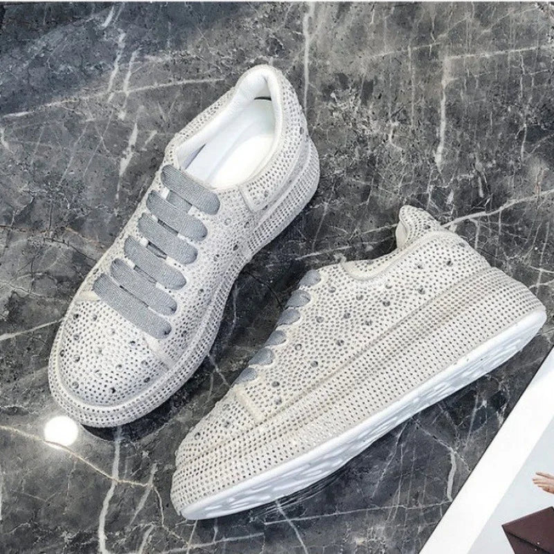 Autumn Women Platform Shoes crystal Thick-soled White Silver Shoes Shining Crystal Sneakers Trend Casual Sneakers - EUFASHIONBAGS