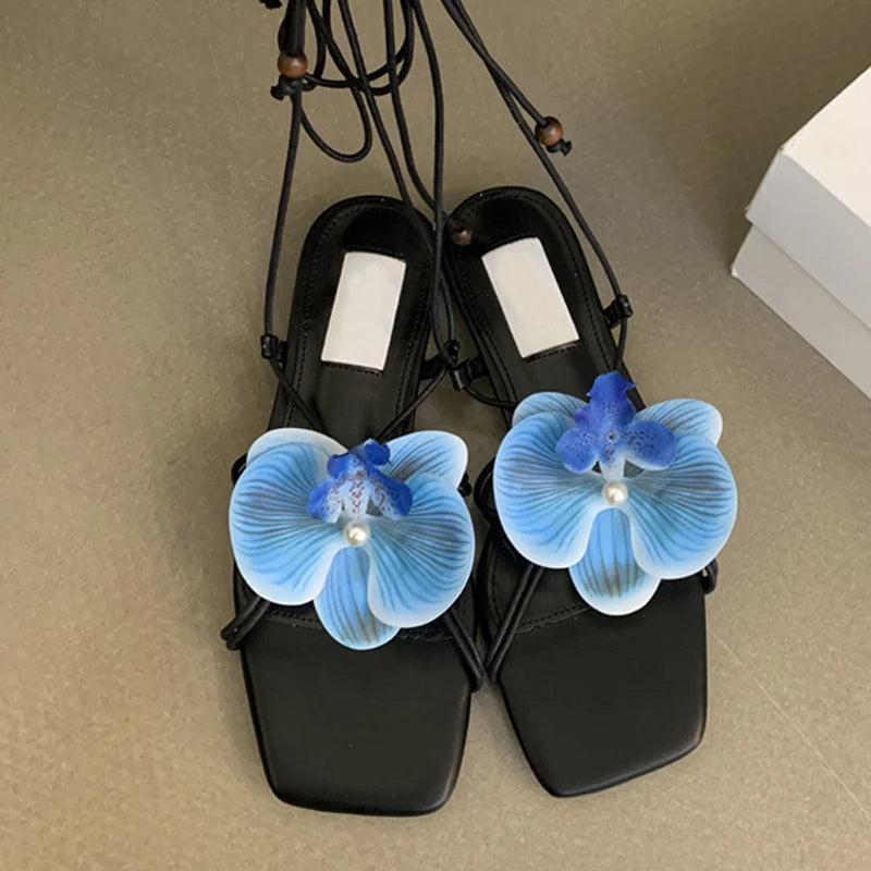 2025 Summer Casual Gladiator Sandals Women Fashion Flowers Square Toe Ankle Cross Strap Flat Heels Shoes Roman Sandalias