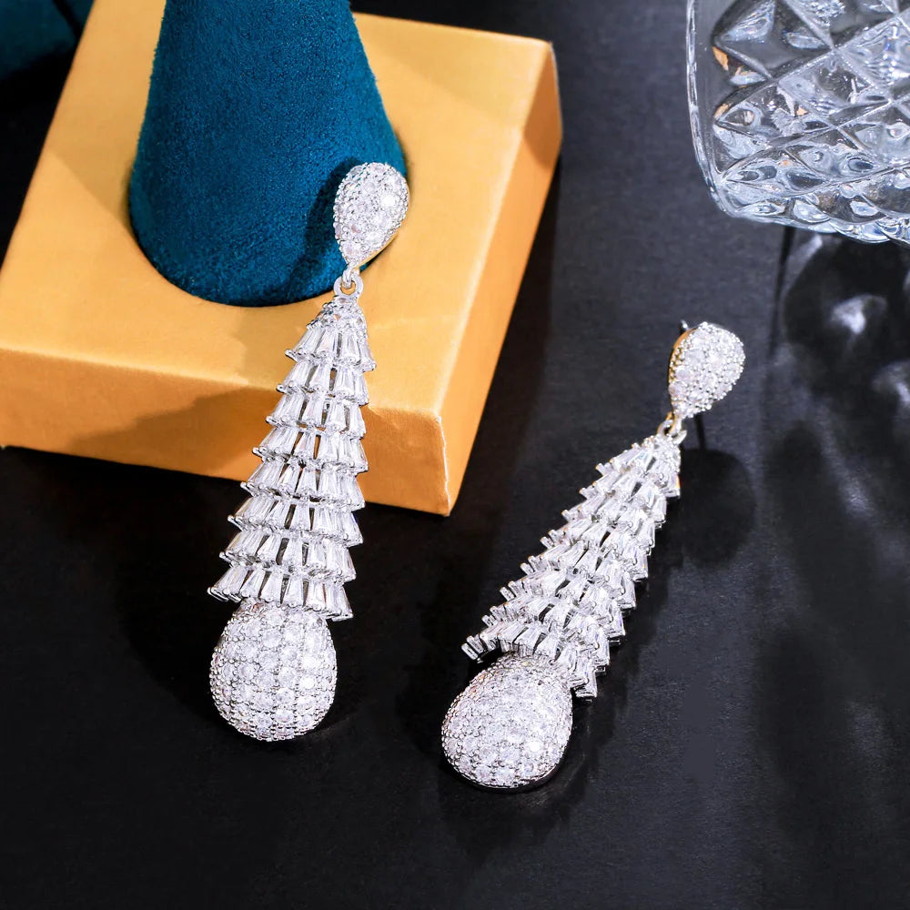 Delicate Long Dangling Cluster Baguette Cubic Zirconia Drop Earrings for Wedding Brides Jewelry Accessories - EUFASHIONBAGS