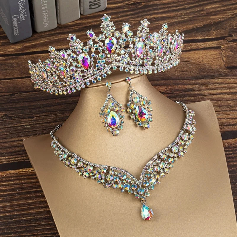 Baroque Gold Color Black Crystal Bridal Jewelry Sets Tiaras Crown Earrings Choker Necklace Women Wedding Dress Dubai Jewelry Set