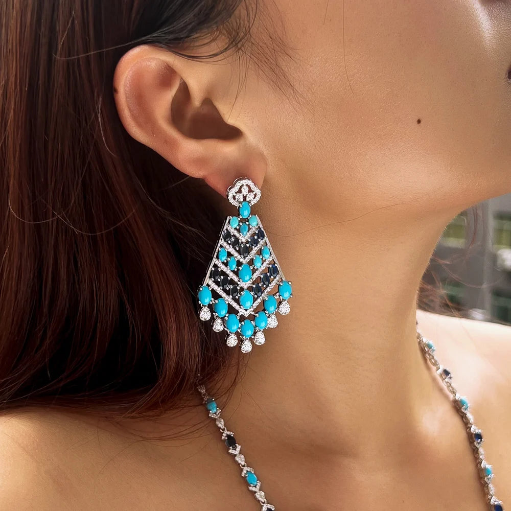 Luxury Chunky Blue Turquoise and White Cubic Zirconia Dangle Tassel Drop Long Party Wedding Earrings for Women - EUFASHIONBAGS