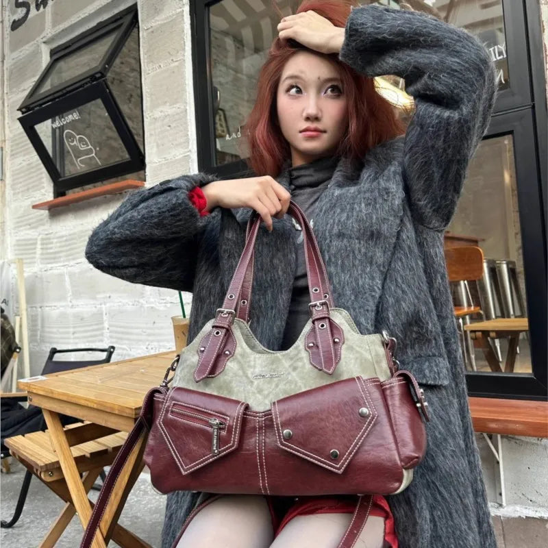 Vintage Casual Y2k Handbag Women High Street Patchwork Pocket Shoulder Bag Retro Large Tote Bag Chic - EUFASHIONBAGS