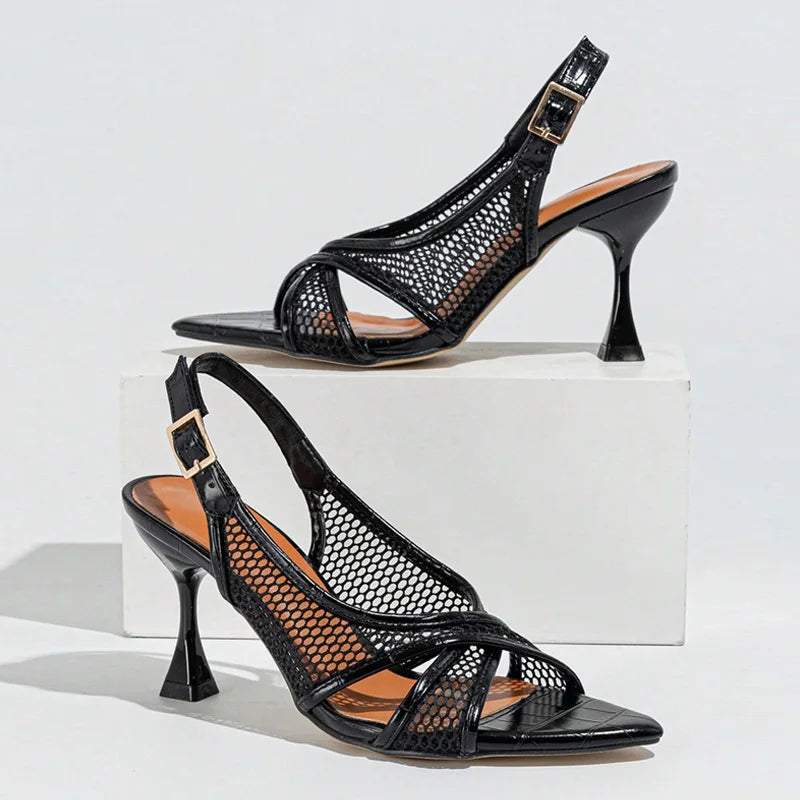 Black Women Designer Mesh Pointed Open Toe Slingback Sandals Beach Casual Gladiator High Heels Back Buckle Strap Shoes