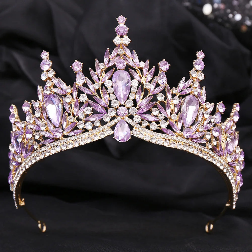 Luxury Purple Crystal Leaves Forest Queen Wedding Crown Bride Tiaras Bridal Diadem Waterdrop Rhinestone Hair Jewelry Accessories - EUFASHIONBAGS