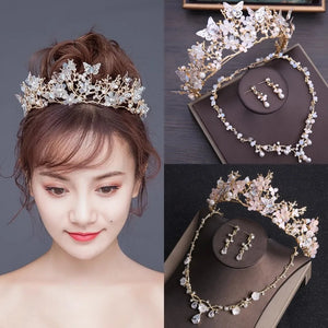 Luxury Butterfly Crystal Bridal Jewelry Sets for Women Rhinestone Tiaras Crown Necklace Earrings Set Wedding Costume Jewelry Set