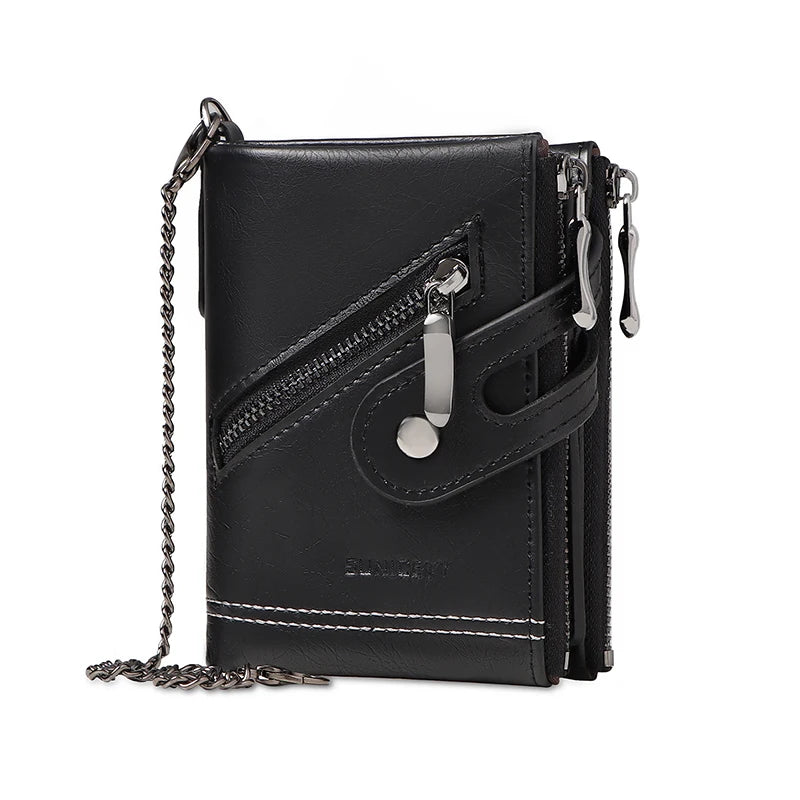 Retro Style Wallet Men Metal Chain Anti Theft PU Leather Bifold Zipper Wallet Credit Card Storage Bag Business Card Holder