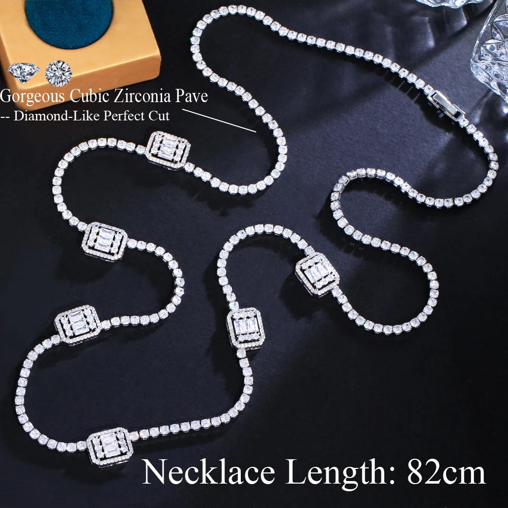 Bling Baguette CZ Cubic Zircon Pave Silver Color Women Long Sweater Chain Necklace Dubai Bridal Prom Jewelry - EUFASHIONBAGS