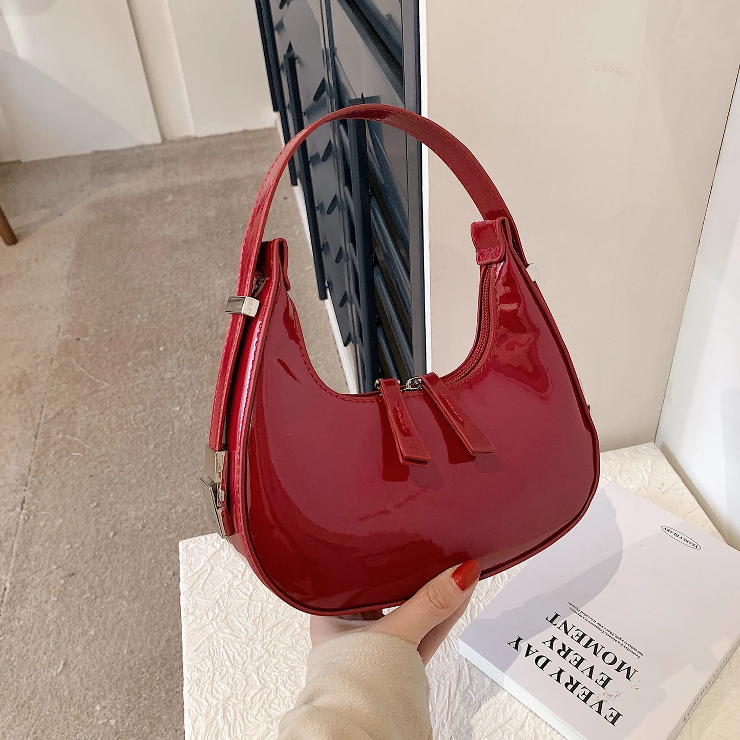 Half Moon Bag Vintage PU Leather Small Shoulder Bag for Women Girls Hobo Handbag Luxury Retro Red Ladies Armpit Purses Totes - EUFASHIONBAGS