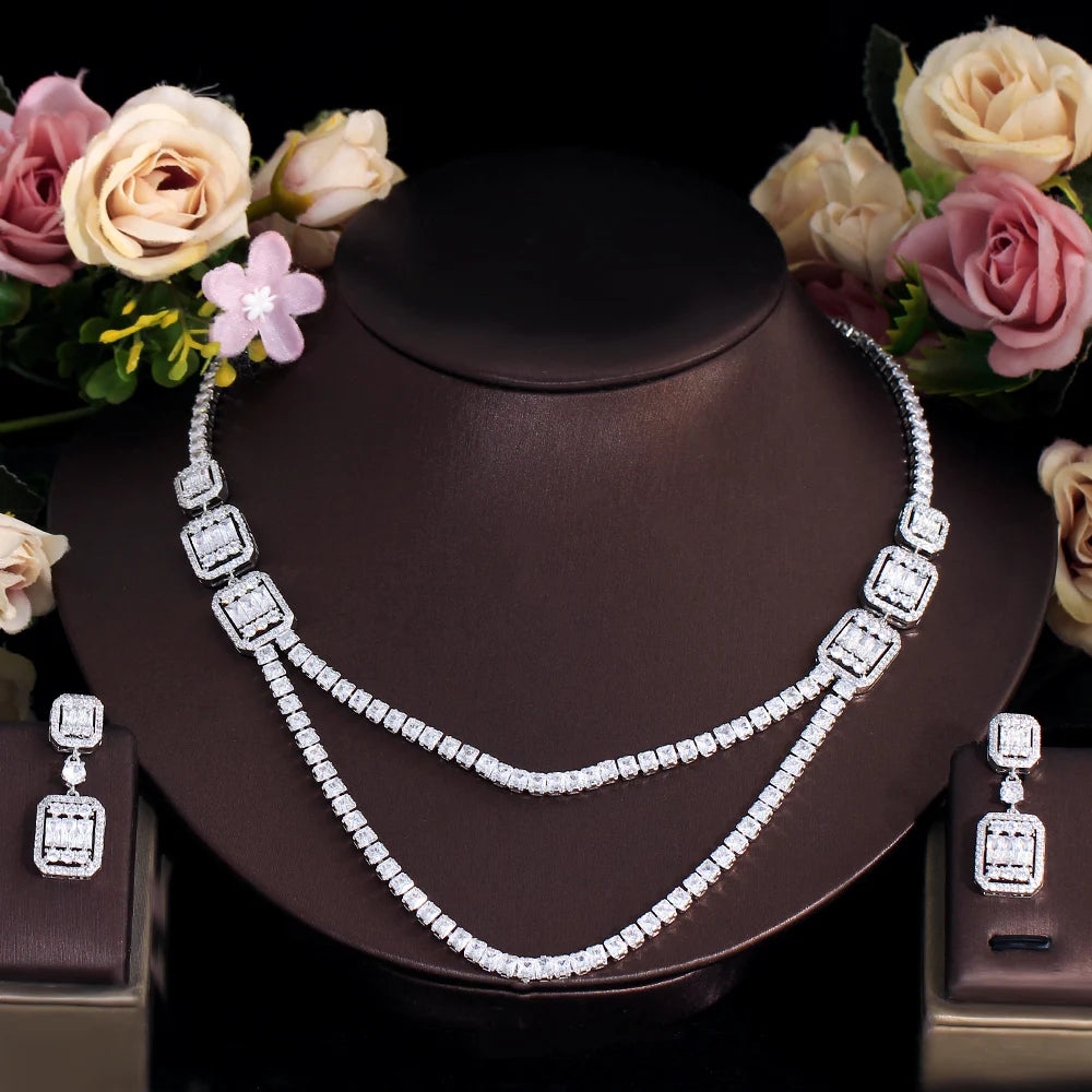 Shiny White Cubic Zirconia Double Layered Wedding Evening Necklace Bridal Party Wear Jewelry Sets for Women - EUFASHIONBAGS