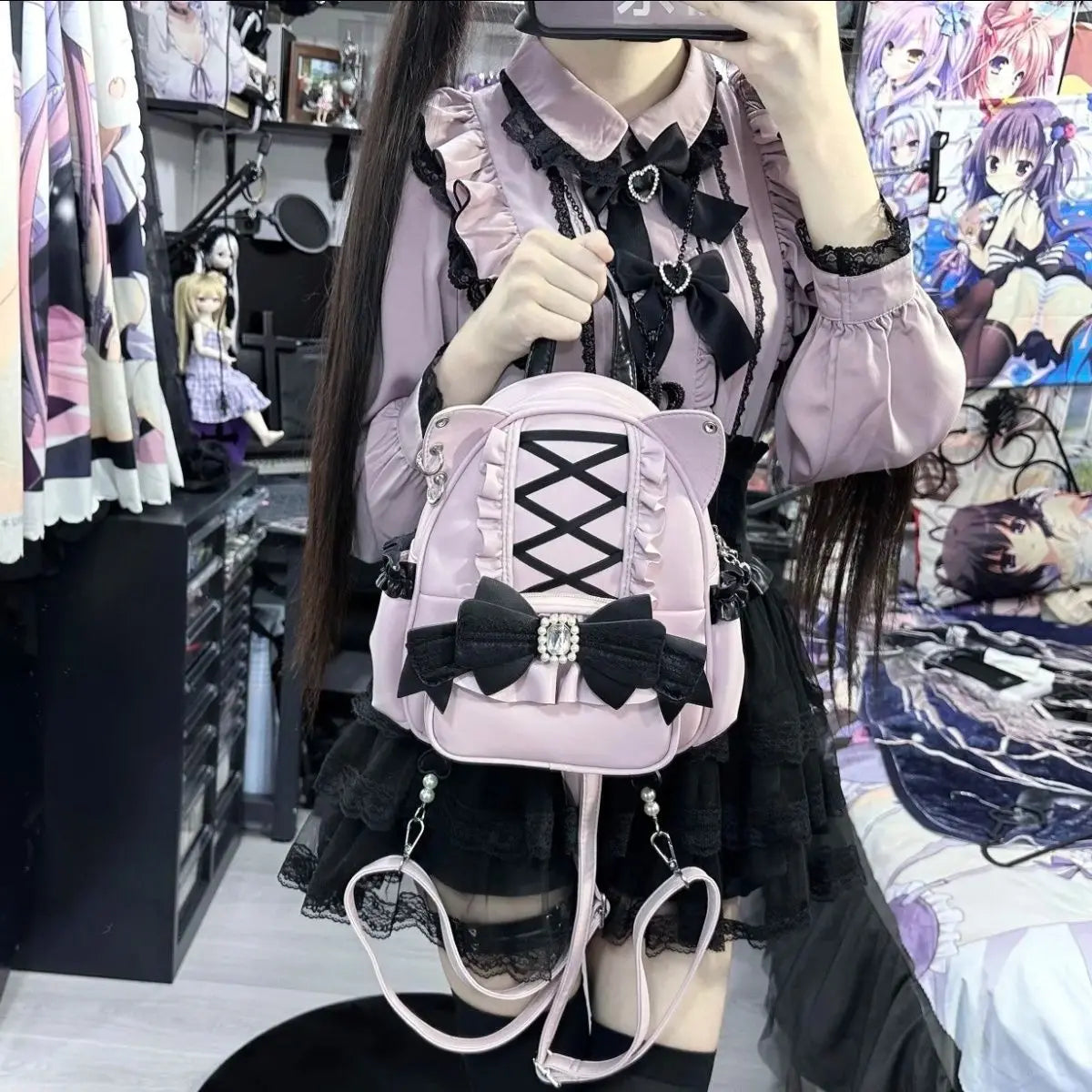 Aesthetic Mini Backpack Women Sweet Cute Lace Bow Chic Cat Y2k Backpacks Student Japanese Mochila Aesthetic