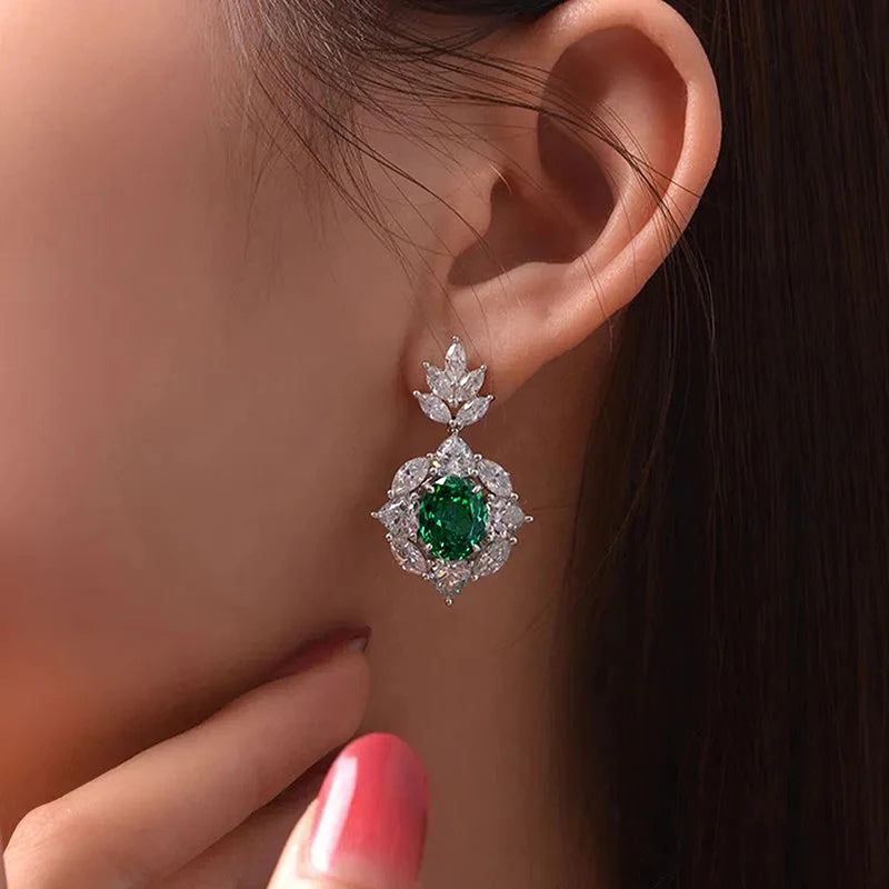 Women's Green Cubic Zirconia Earrings for Engagement Wedding Sparkling Dangle Earrings Elegant Lady Jewelry Gift