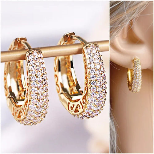 Luxury Paved CZ Hoop Earrings for Women Gold Color Hollow Out Design Temperament Female Ear Accessories Fashion Jewelry