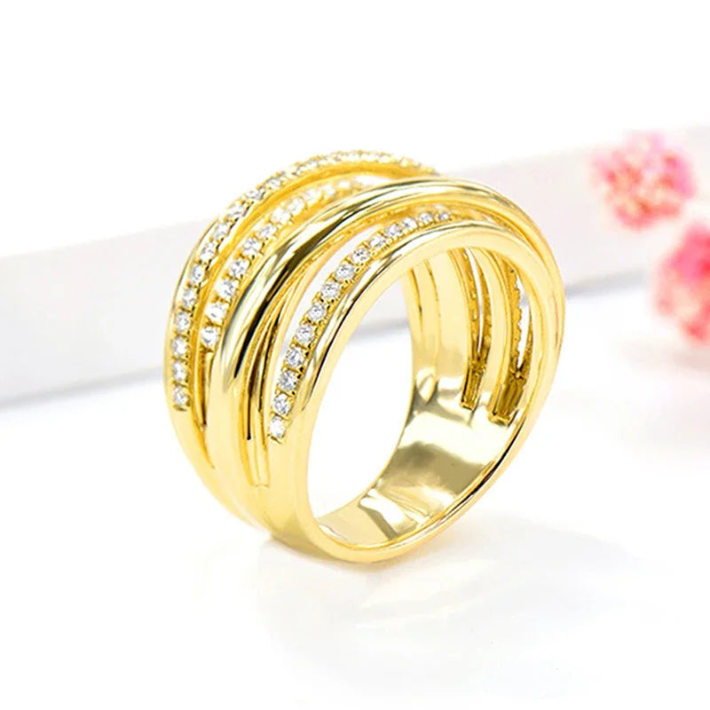 Gold Color Cross Rings  Women Wedding Band Accessories Multi-Layer Shiny Cubic Zirconia Fashion Jewelry for Party