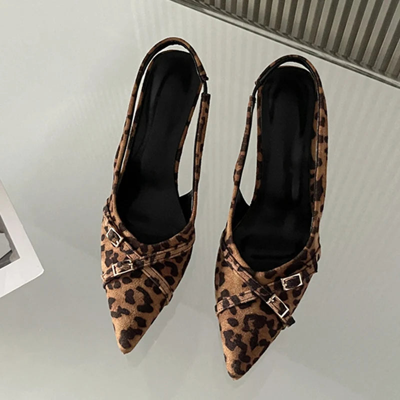 Sexy Leopard Print Pointed Toe Stiletto Sandal  Narrow Band Buckle Strap Women Slingback High Heels Mules Shoe Pumps