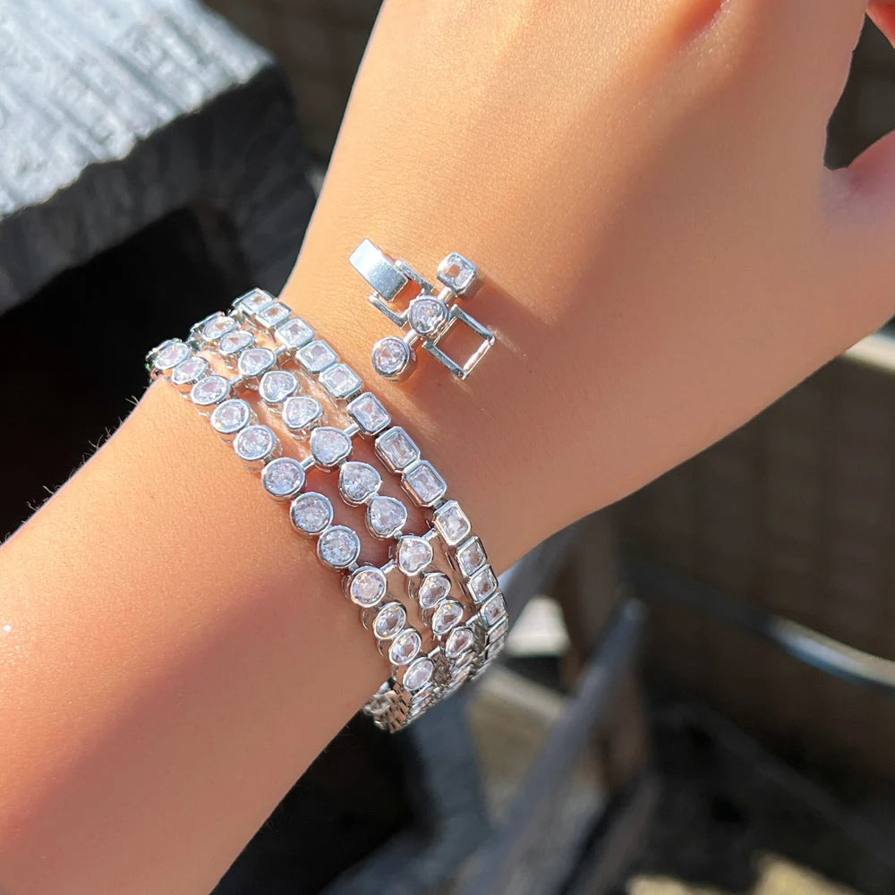 Multiple Round Heart Shape Cubic Zirconia Paved Shiny Big Chunky Luxury Wedding Bridal Party Bracelet for Women - EUFASHIONBAGS