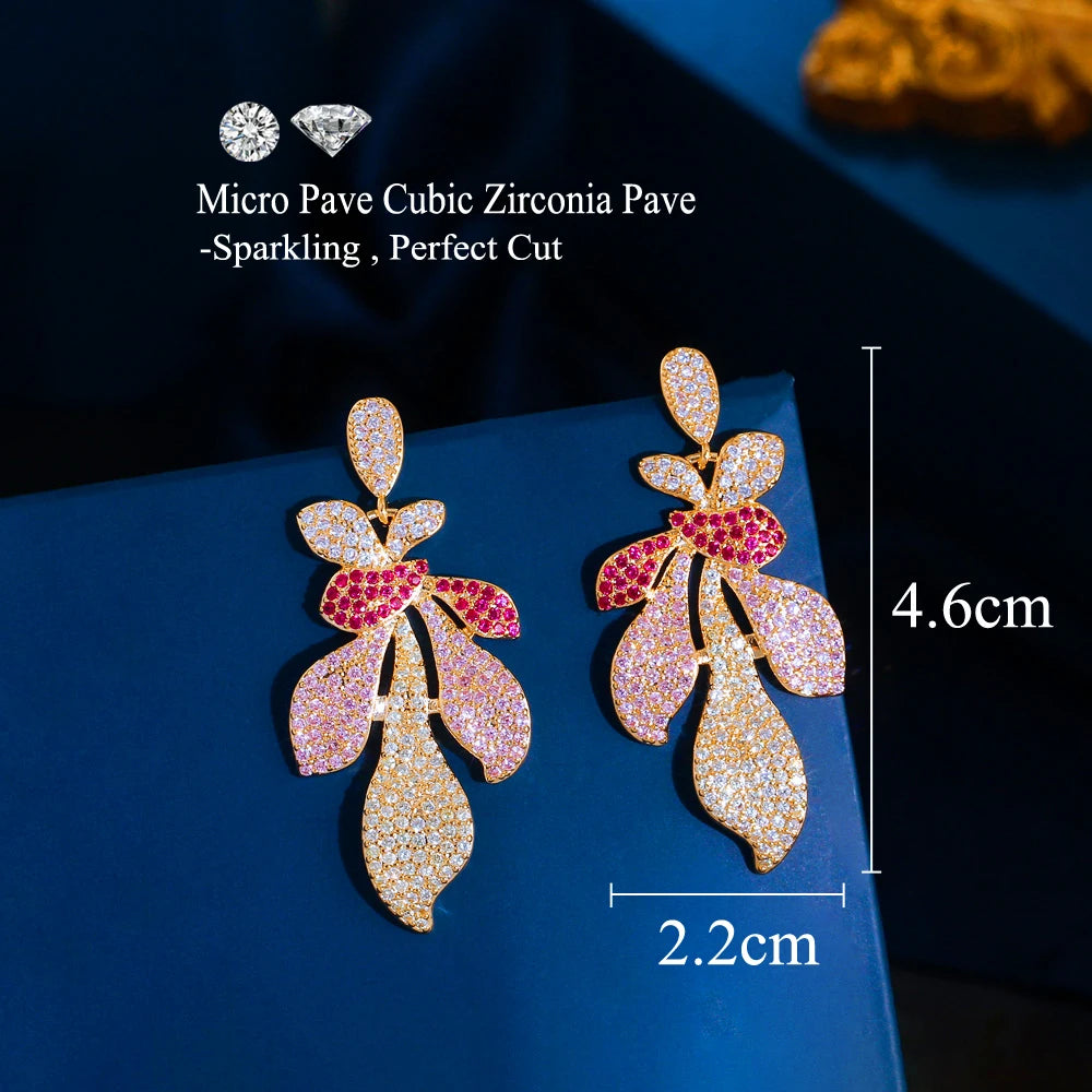 Full Pink Red Cubic Zirconia Micro Pave Flower Big Long Dangle Drop Luxury Wedding Party Earrings for Women - EUFASHIONBAGS