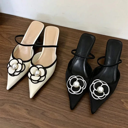 Flower Designer Brand Heeled Sandals Women Pointed Toe Pumps Female Elegant Dress Shoes Slides 2025 New Slippers Women Sandalias