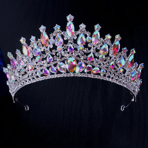 Luxury Pink Crystal Wedding Crown Royal Queen Tiaras Headband AB Color Rhinestone Bridal Headdress Bride Diadem Hair Accessories