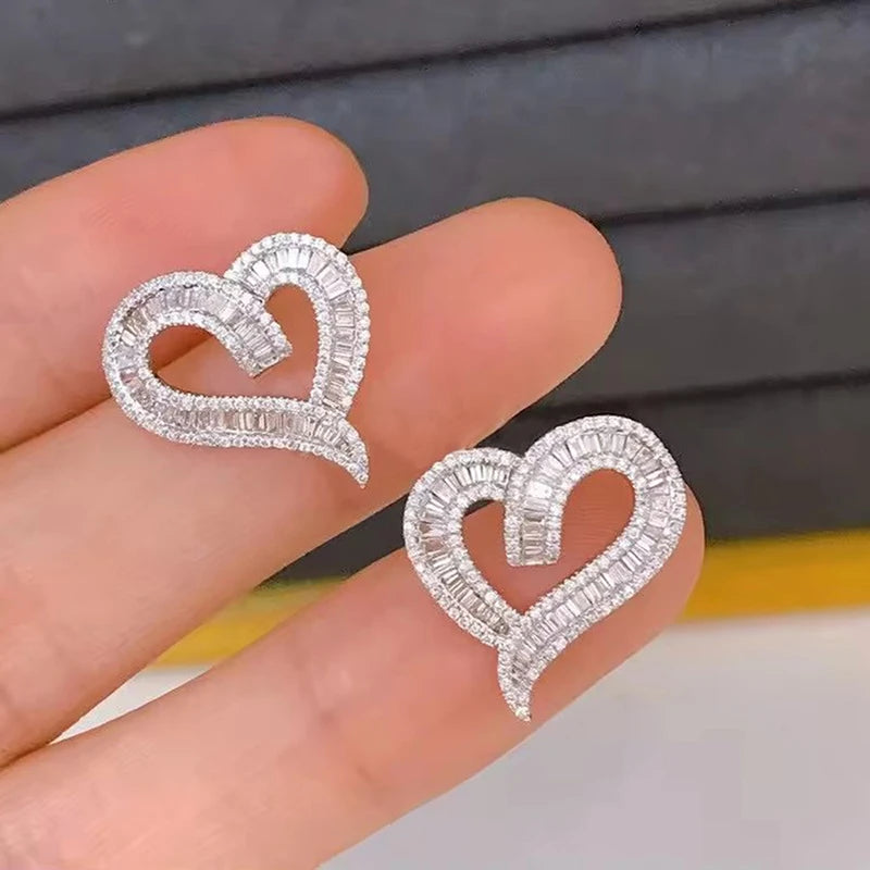 Hollow Out Heart Earrings Female Luxury Brilliant Zirconia Accessories for Wedding Party Romantic Lady Jewelry - EUFASHIONBAGS