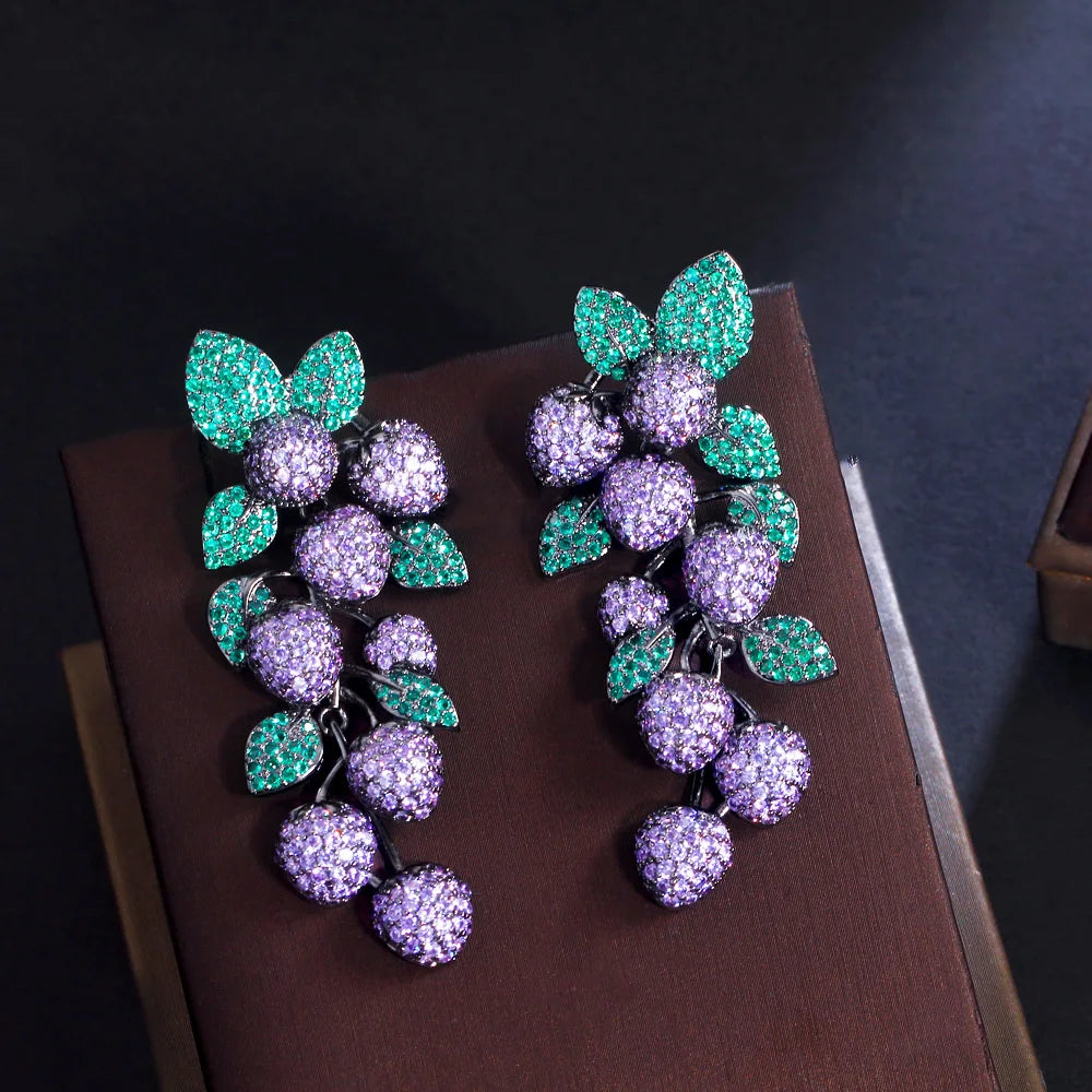 Luxury Micro Pave Purple Green Cubic Zirconia Stone Big Long Dangle Drop Leaf Wedding Party Earrings for Women - EUFASHIONBAGS