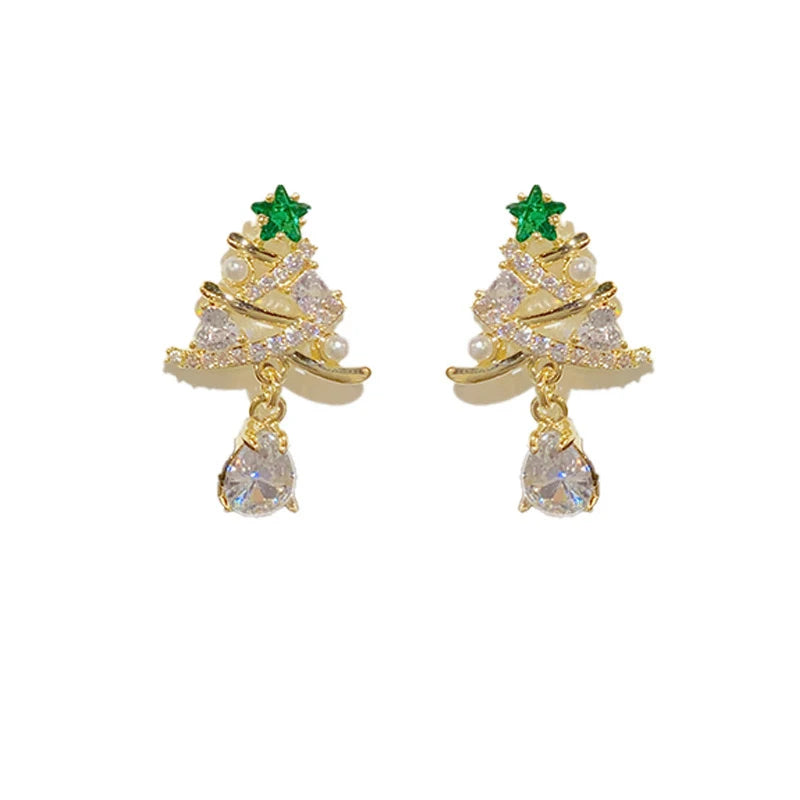 Bright Zirconia Christmas Tree Drop Earrings Female Party Jewelry with Simulated Pearl Fashion Gold Color Accessories