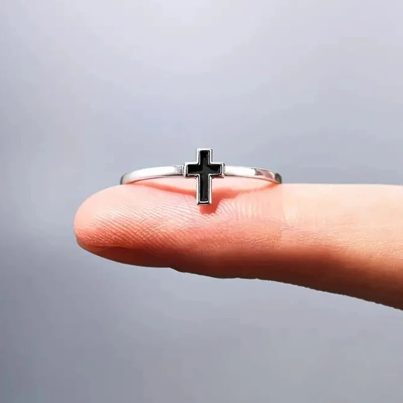 Fashion Contracted Cross Rings for Women Silver Color Black Drop Glaze Finger Accessories Female Versatile Daily Jewelry