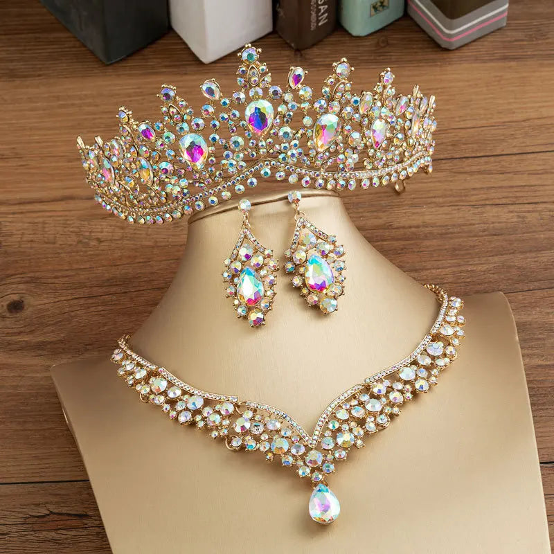 Baroque Crystal Water Drop Bridal Jewelry Sets Rhinestone Tiaras Crown Necklace Earrings for Bride Wedding Dubai Jewelry Set - EUFASHIONBAGS