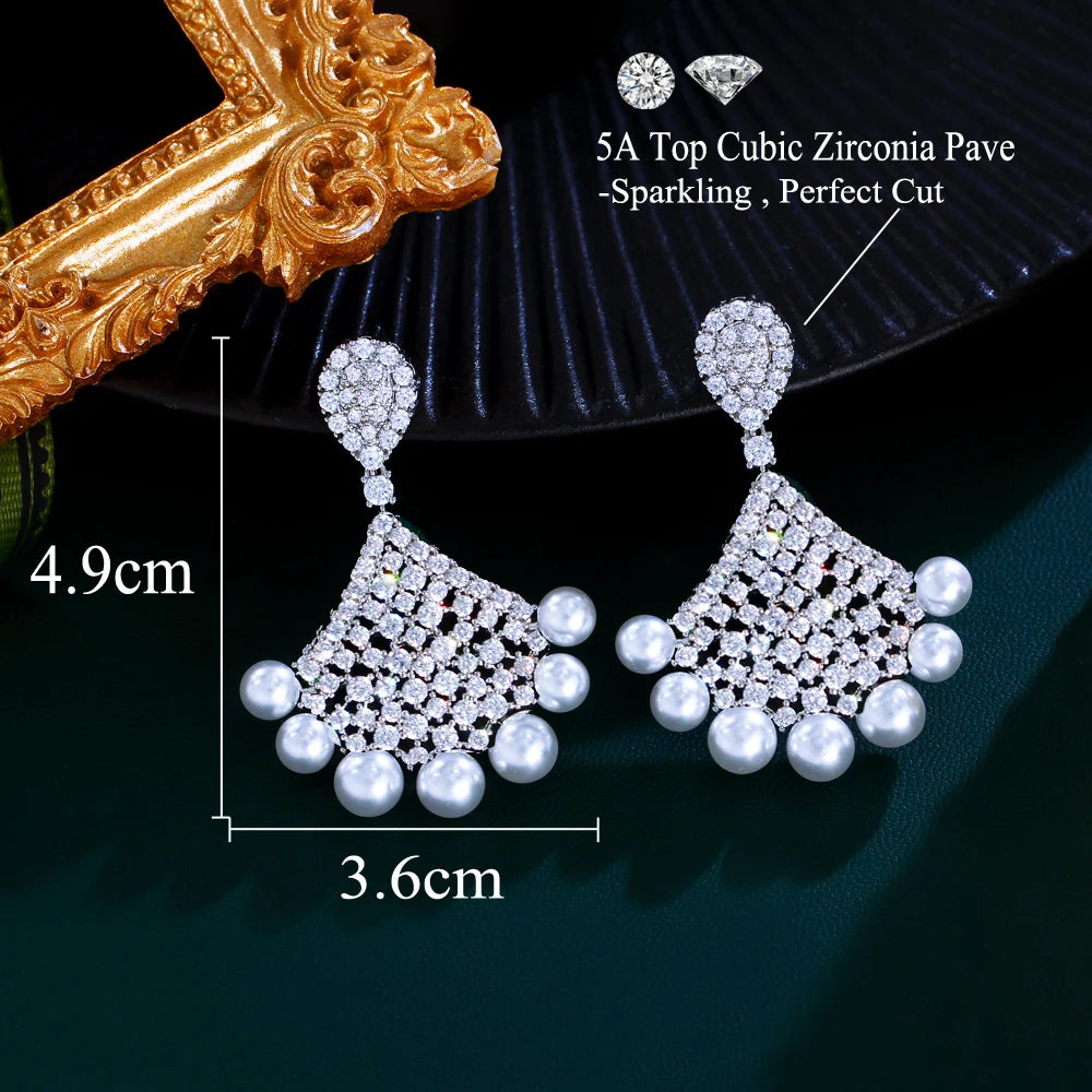 Sparkling White Cubic Zirconia Big Long Dangle Drop Luxury Wedding Bridal Party Pearl Earrings for Women - EUFASHIONBAGS