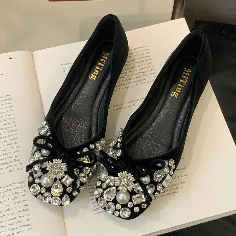 Crystal Pearl Designer Flat Women Shoes Comfort Soft Soled Dress Shoes Leisure Shiny Rhinestones Mules Shoes Zapatos De Mujer