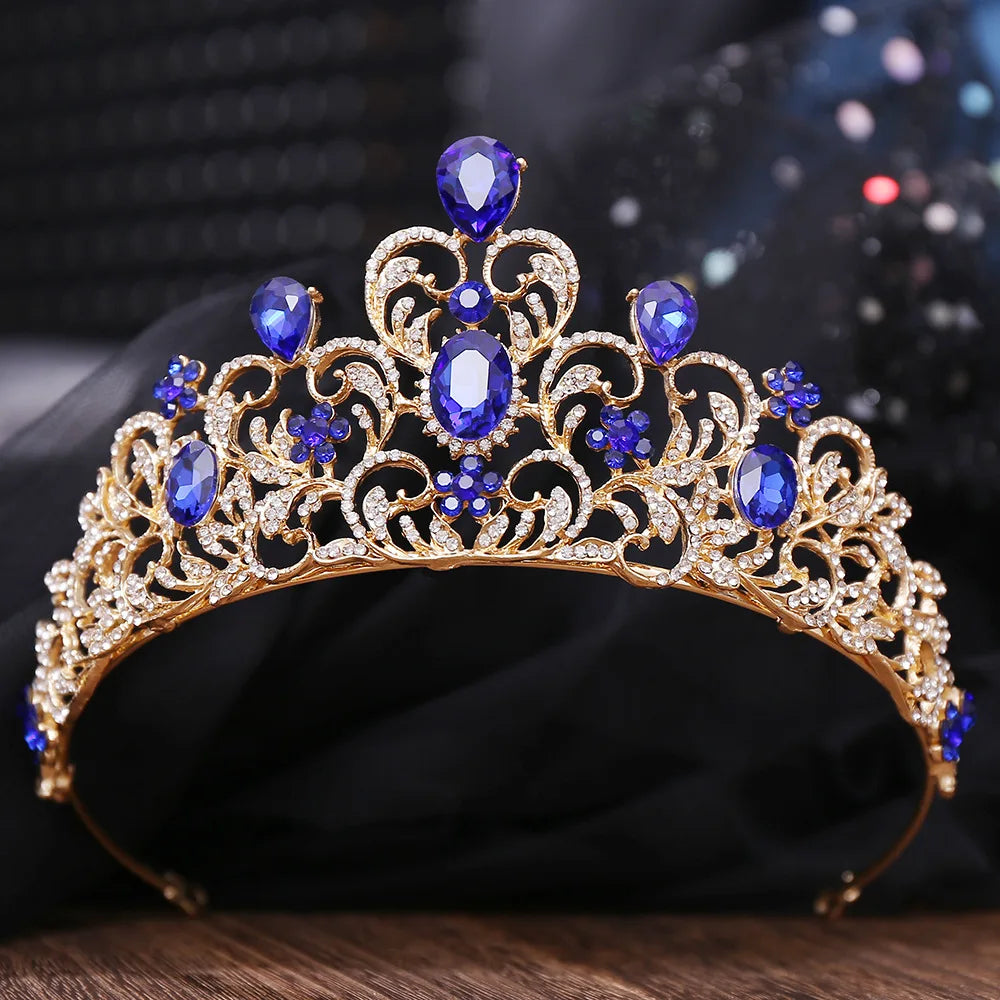 Baroque Gold Color Blue Diadem Rhinestone Crystal Tiaras Bride Headdress Princess Wedding Crown Pageant Hair Jewelry Accessories - EUFASHIONBAGS