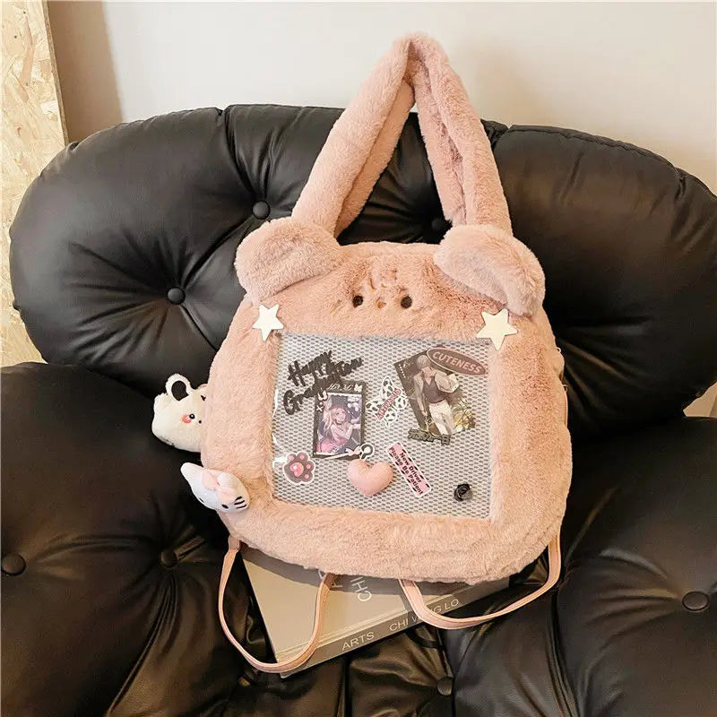 Plush Transparent Black Ita Bag Women Autumn Winter Harajuku Shoulder Crossbody Bags Girls Large Itabag Handbag - EUFASHIONBAGS