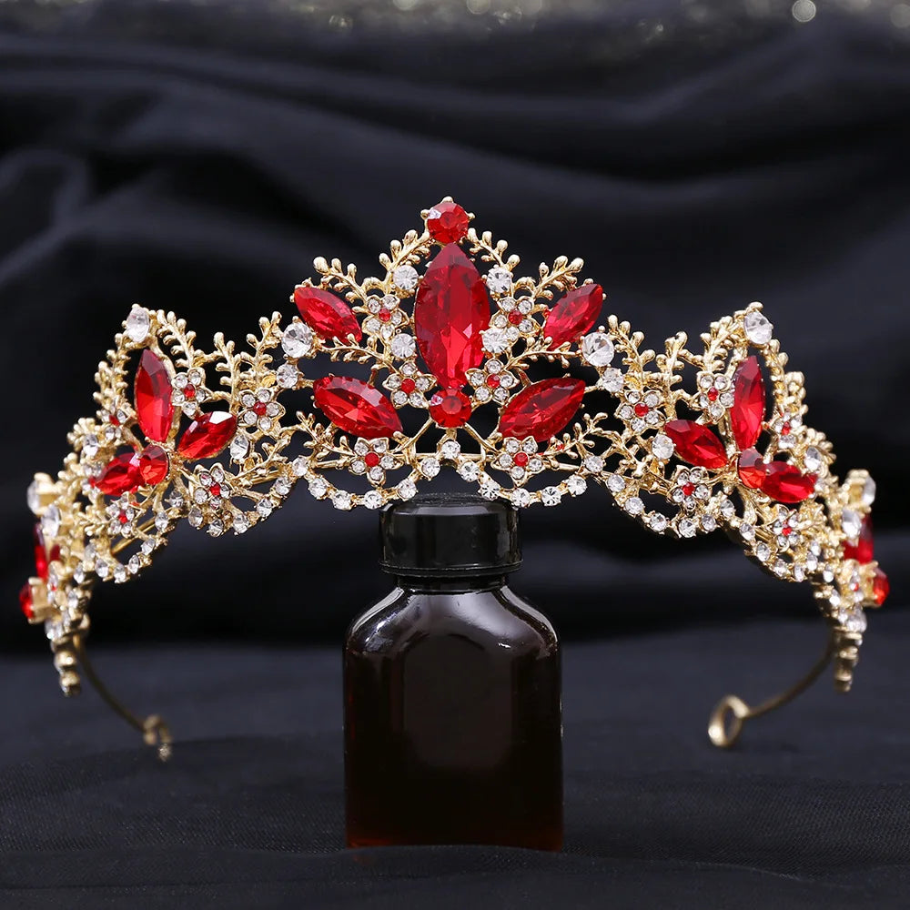 Baroque Gold Color Red Crystal Bridal Tiaras Crowns Rhinestone Pageant Diadem Women Headpieces Wedding Hair Accessories Jewelry