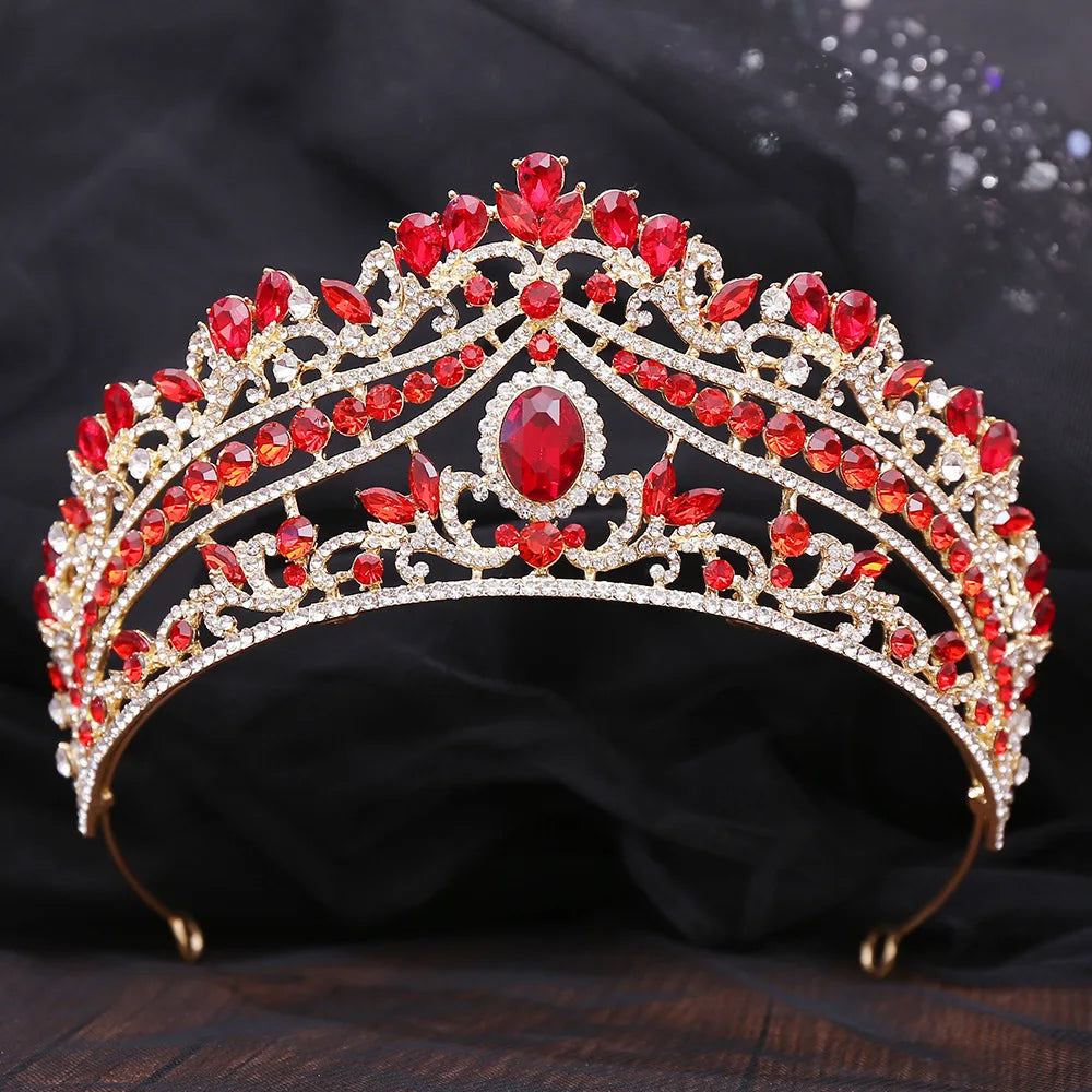 Luxury Red Crystal Wedding Crowns Green Tiaras Women Bridal Hair Jewelry Royal Queen Headdress Diadem Head Accessories - EUFASHIONBAGS