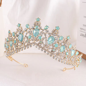 Luxury Green Pink Opal Crystal Bridal Tiaras Crown Baroque Jelly Rhinestone Pageant Diadem Bride Headbands Wedding Hair Jewelry