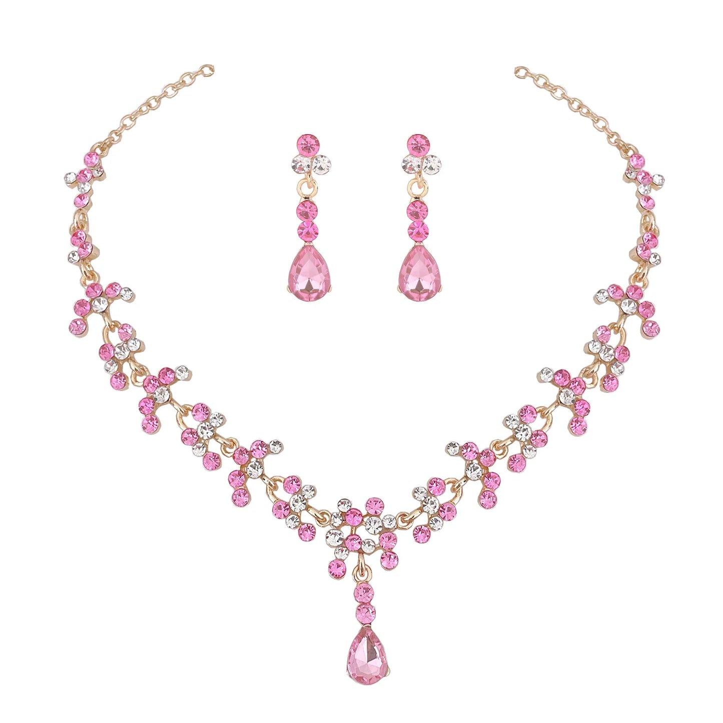 Baroque Pink Purple Crystal Bridal Wedding Jewelry Sets Women Gold Color Rhinestone Necklace Long Earrings Set Dress Accessories - EUFASHIONBAGS