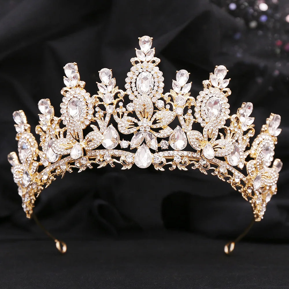 Luxury Pink Opal Royal Queen Wedding Crown Rhinestone Crystal Bridal Diadem Pageant Headdress Bride Tiara Hair Jewelry Accessory - EUFASHIONBAGS