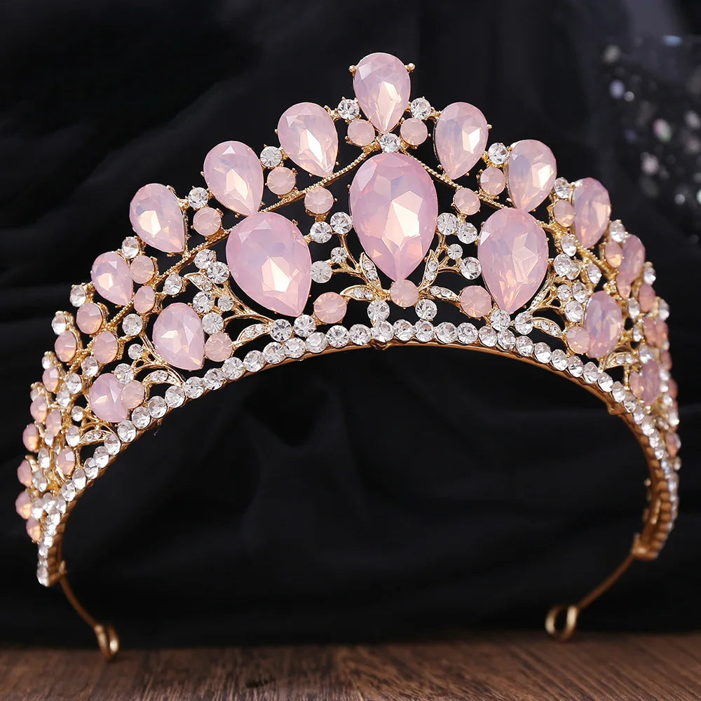 Baroque Pink Opal Crystal Wedding Crown Princess Bride Headwear Rhinestone Pageant Diadem Bridal Tiaras Hair Jewelry Accessories - EUFASHIONBAGS