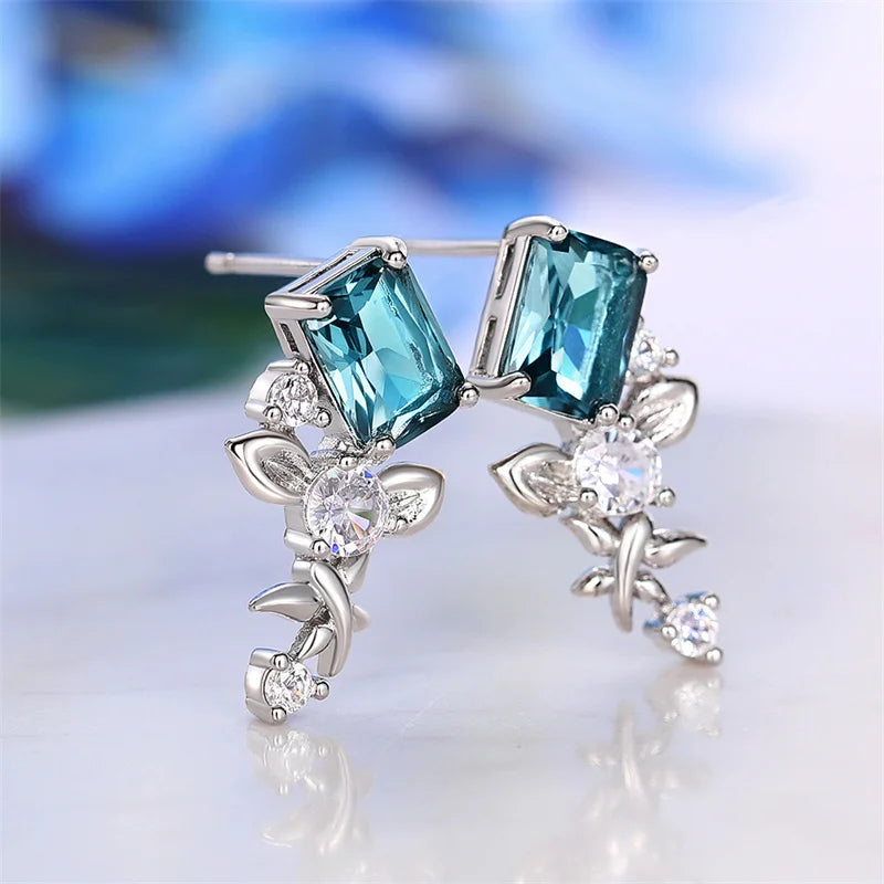 Temperament Blue CZ Flower Earrings for Women Aesthetic Female Accessories Wedding Engagement Party New Fashion Jewelry