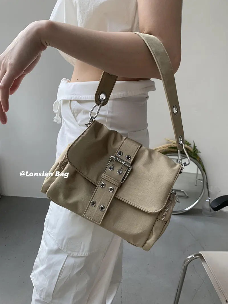 Vintage Nylon Khaki Shoudler Bag Women Hot Girls Square Bag Female Harajuku Casual Crossbody Bags Handbag Y2k - EUFASHIONBAGS