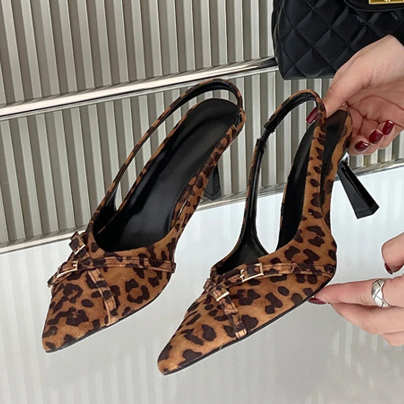 Sexy Leopard Print Pointed Toe Stiletto Sandal  Narrow Band Buckle Strap Women Slingback High Heels Mules Shoe Pumps