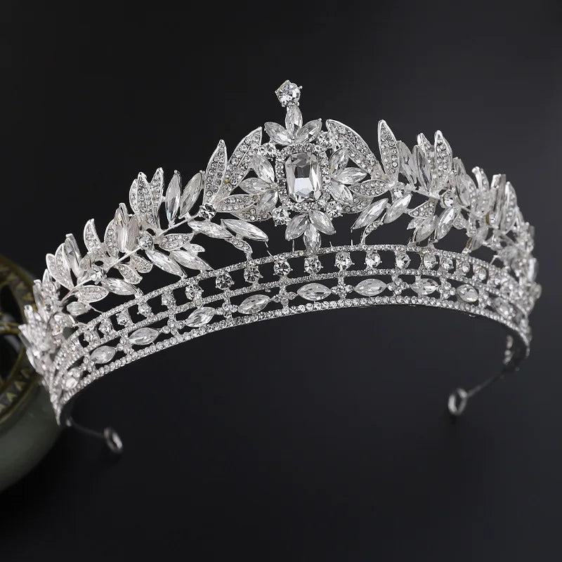 Luxury Royal Queen Crystal Leaf Wedding Crown for Women Rhinestone Diadem Banquet Tiaras Party Costume Hair Jewelry Accessories - EUFASHIONBAGS