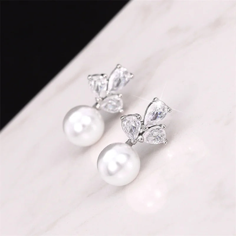 Dainty Simulated Pearl Earrings for Women with Shiny Cubic Zirconia Delicate Female Earrings Elegant Daily Wear Jewelry