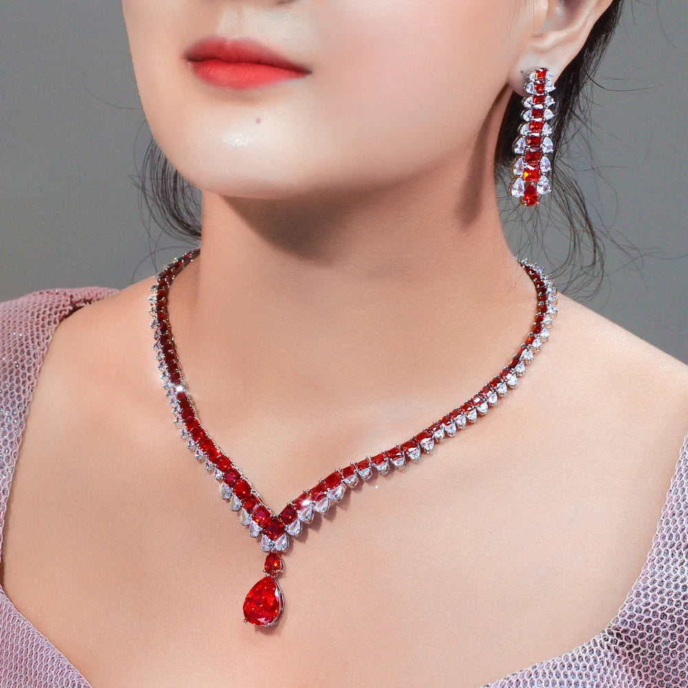 Luxury Shiny Red Cubic Zirconia Big Water Droplets Wedding Banquet Necklace Pageant Bridal Jewelry Set for Women - EUFASHIONBAGS