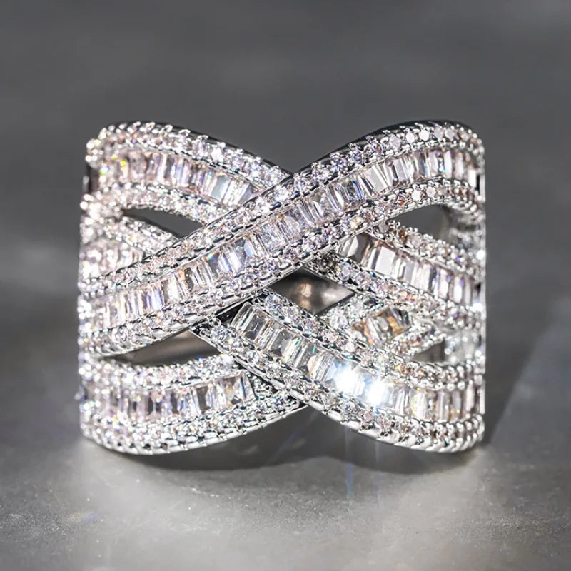 Multi-layer Cross Design Rings Brilliant Cubic Zirconia Hollow-out Women Accessories Aesthetic Wedding Jewelry