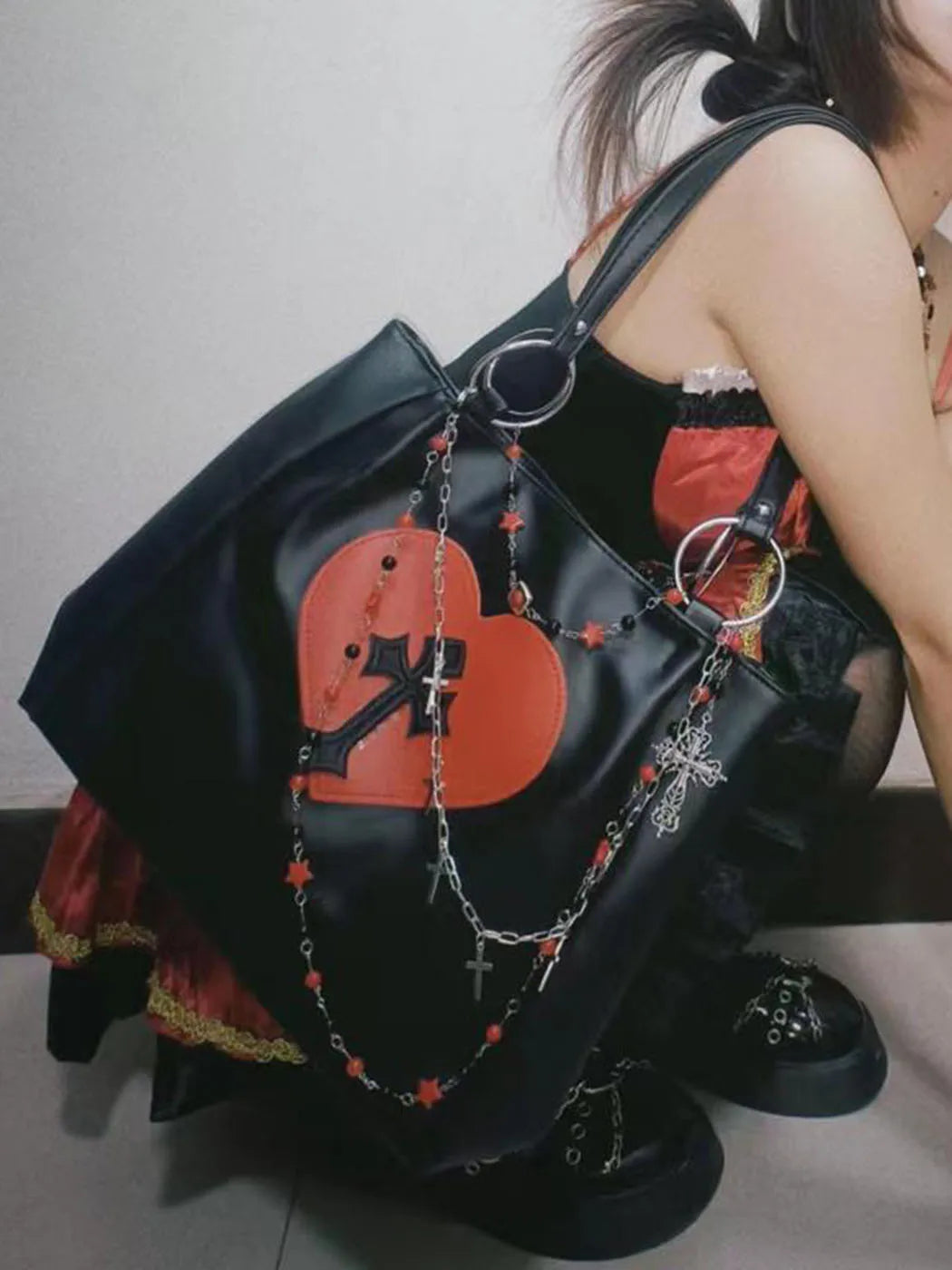 Y2k Grunge The Tote Bag Women Gothic Cross Pu Leather Chain Large Handbags Vintage Black Shoulder Bag