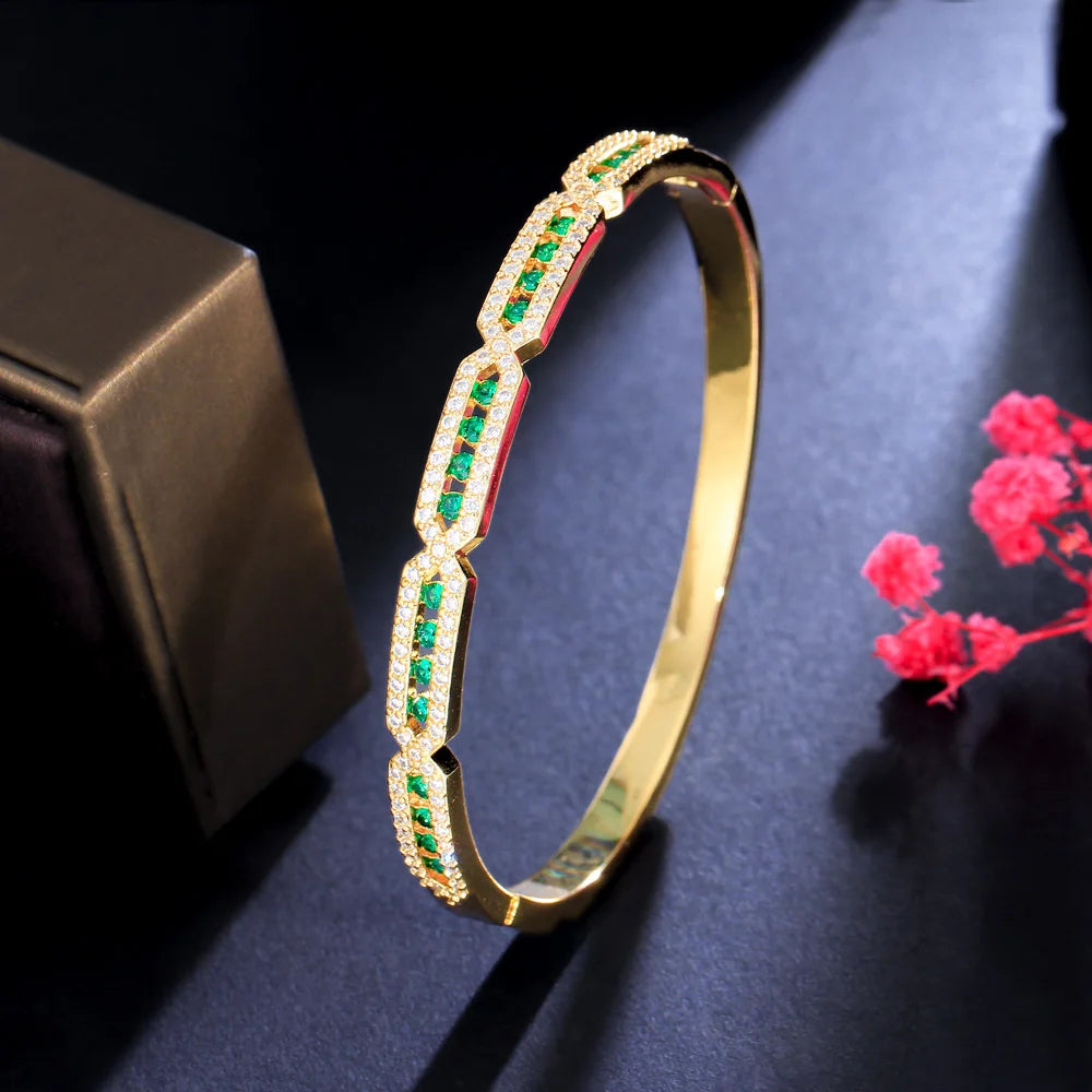 Beautiful Trendy Blue Green Cubic Zirconia Paved Gold Color Round Wedding Bridal CZ Bangles for Women Jewelry - EUFASHIONBAGS