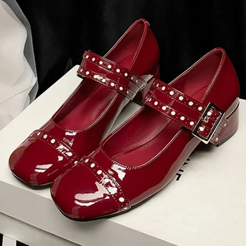 Patent Leather Chunky Mary Jane Shoes Women Square Toe Fashion High Heels Dress Shoes Belt Buckle Brand Designer Women Pumps