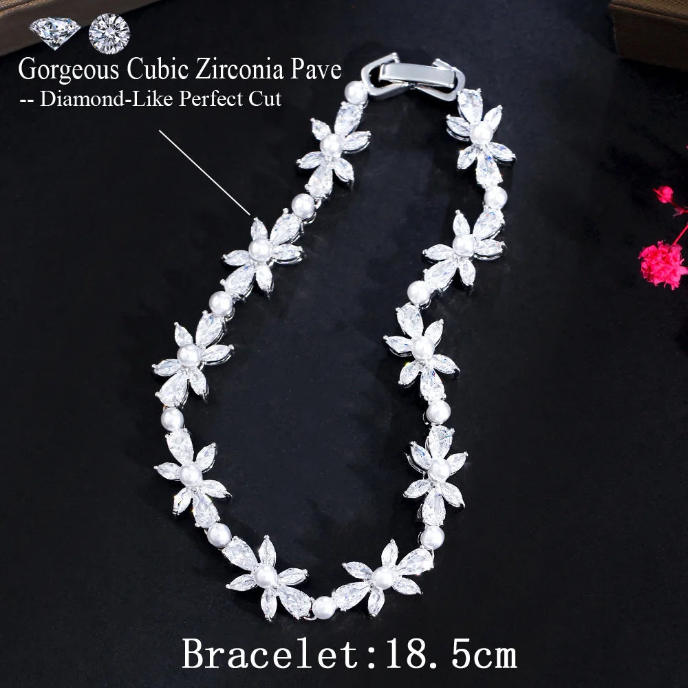 Shiny White Cubic Zirconia Pave Flower Leaf Shape Pearl Bracelets for Women Wedding Bridal Jewelry Accessories - EUFASHIONBAGS