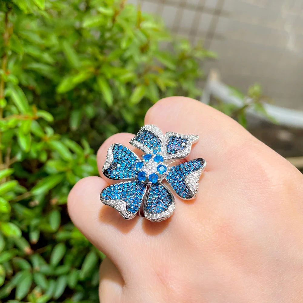 Two Tones Silver Plated Light Blue Cubic Zirconia Big Chunky 3D Geometric Flower Adjustable Party Ring for Women - EUFASHIONBAGS